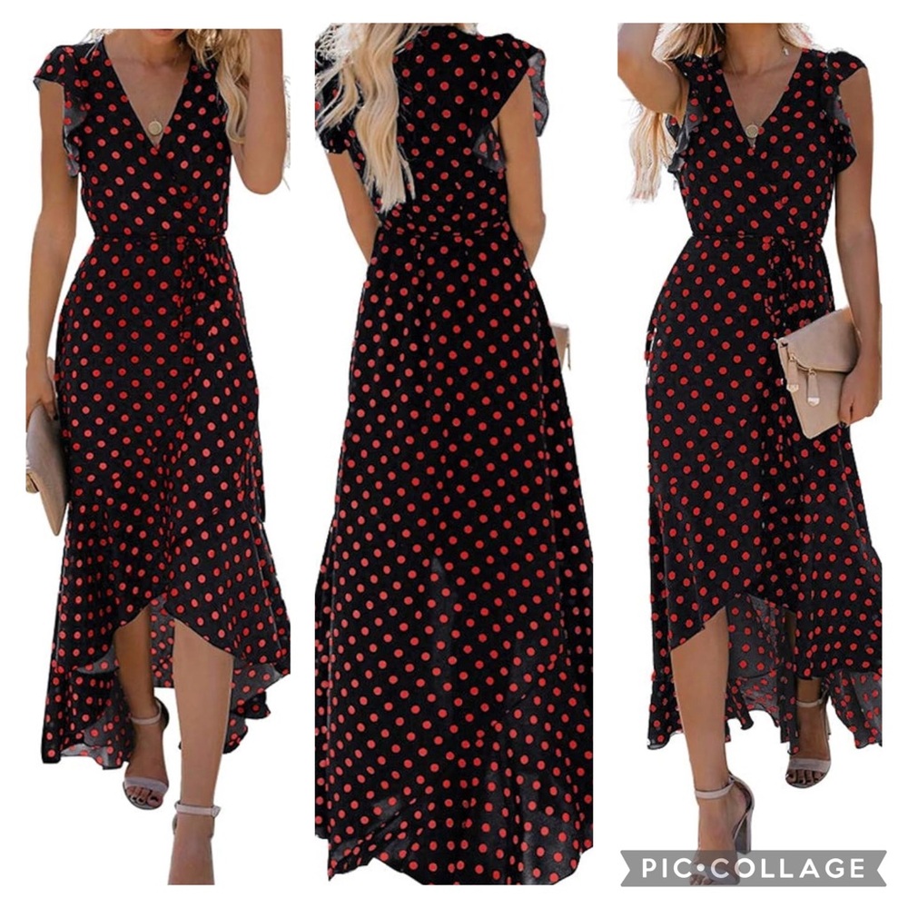 Grecerelle Black & Red High-Low Ruffle Hem Faux Wrap Dress